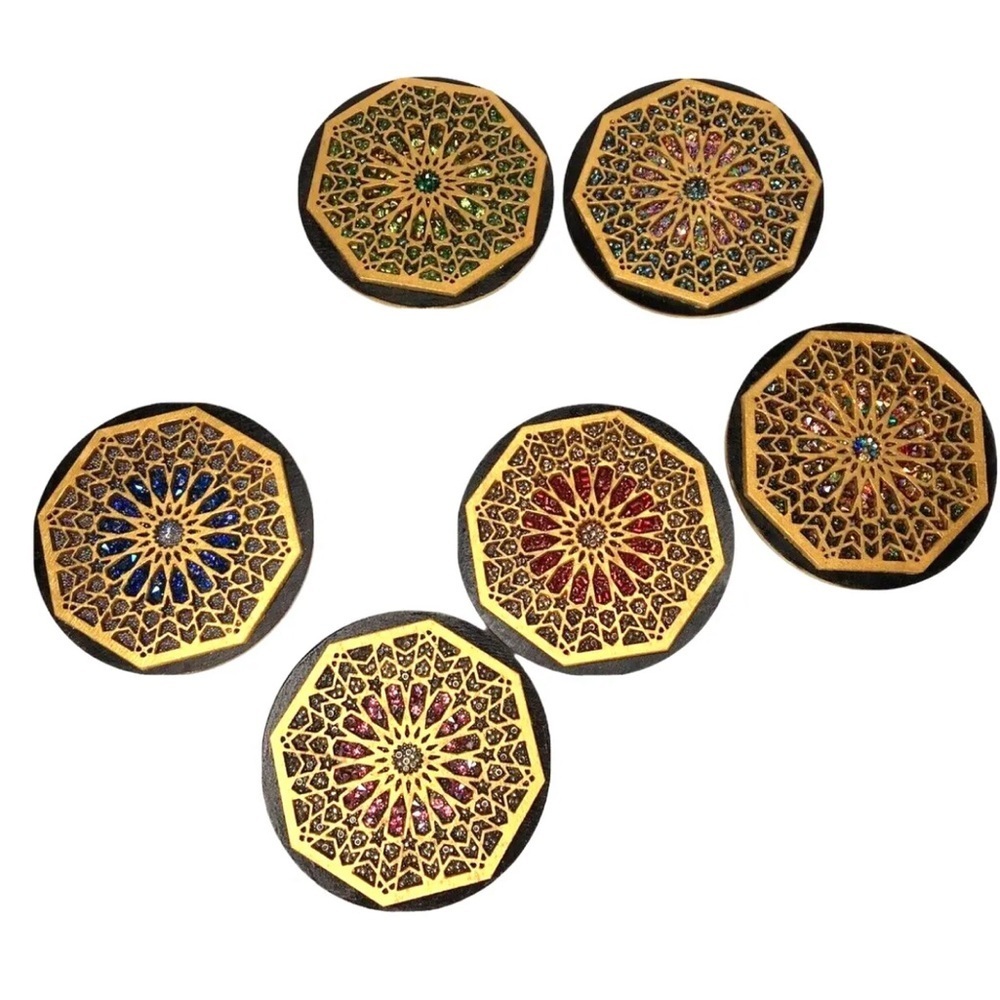 Moroccan Moorish decorative laser cut Wood Hand Beaded Coasters set of 6